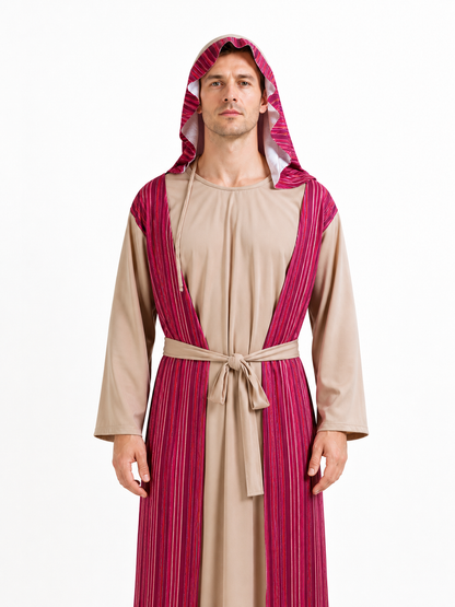 Hooded Halloween Cloak, Beige with Burgundy Stripes
