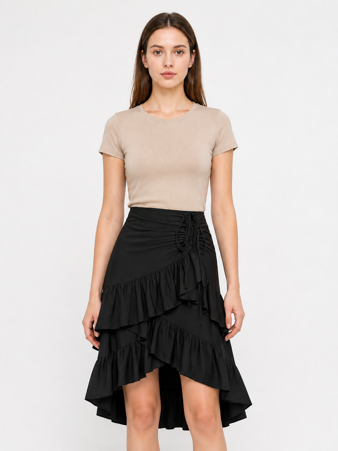 Black Asymmetrical Skirt with Tiered Ruffles product detail 3