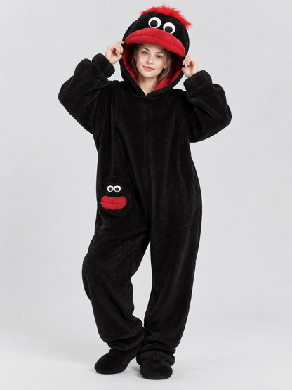 Black Cartoon Coral Fleece Pajama Jumpsuit