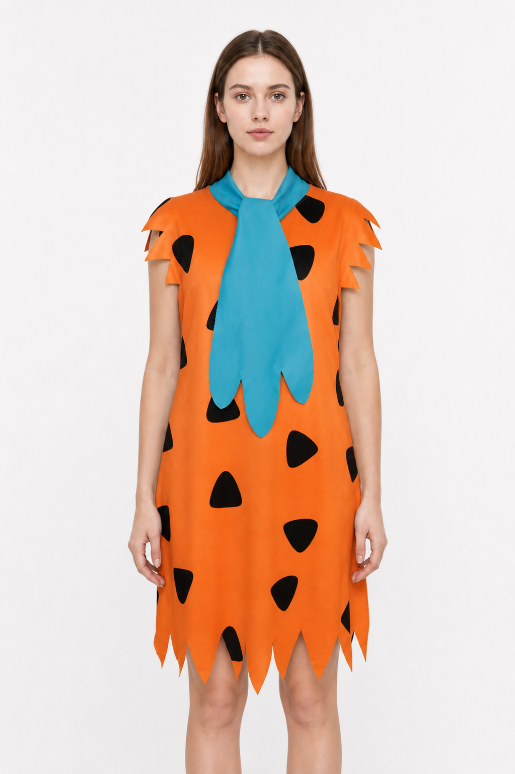 Orange Dress with Black Spots and Blue Accessory upper body view 7