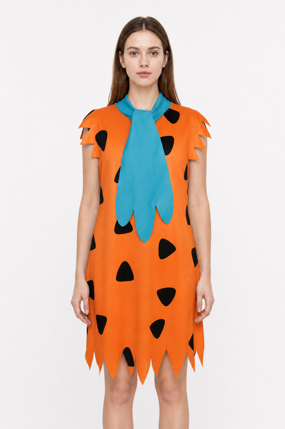 Orange Dress with Black Spots and Blue Accessory upper body view 7