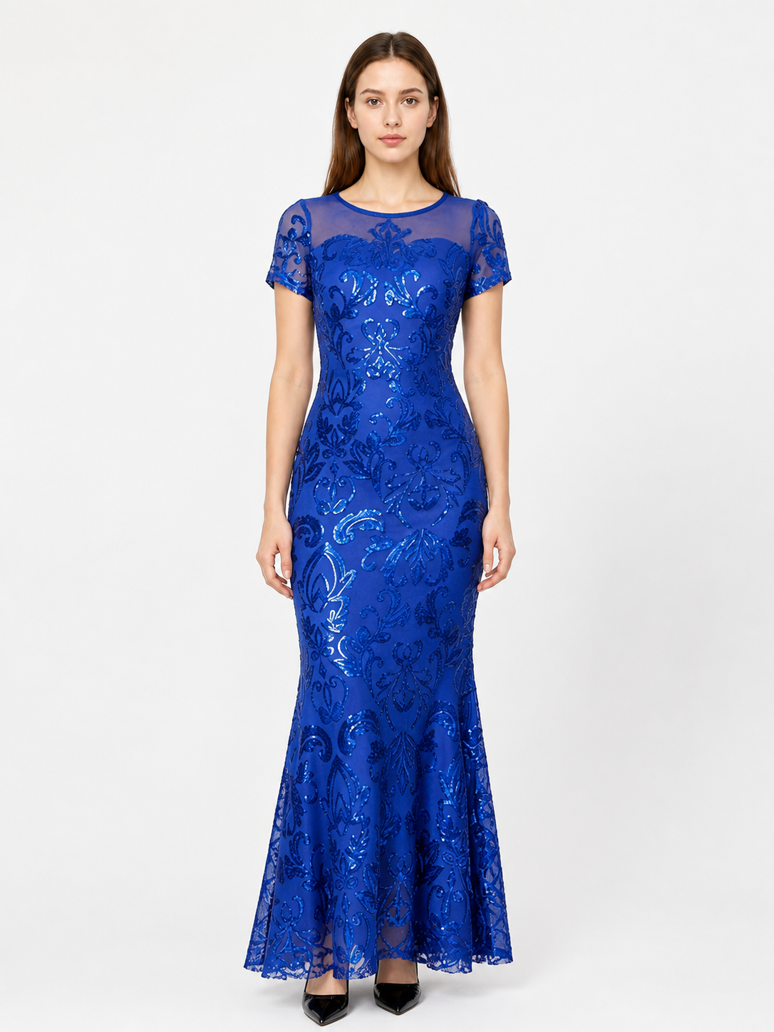 Long Blue Floral Dress with a Fitted Bodice and Flared Skirt Costume Dresses detail 3