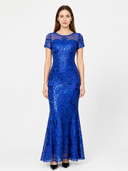 Long Blue Floral Dress with a Fitted Bodice and Flared Skirt Costume Dresses detail 3