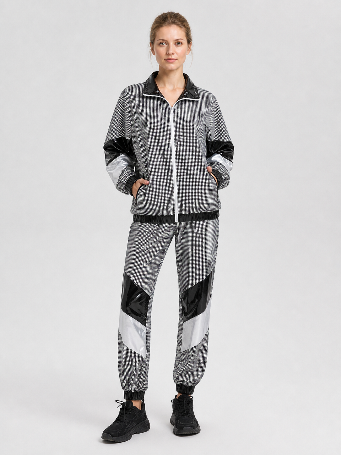 Retro Hooded Tracksuit, Black and Silver product detail 3
