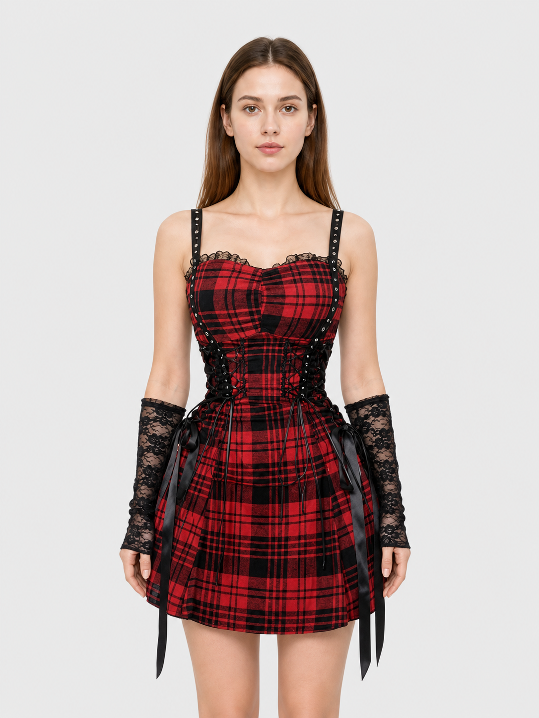 Strappy Corset Dress, Red and Black Plaid
