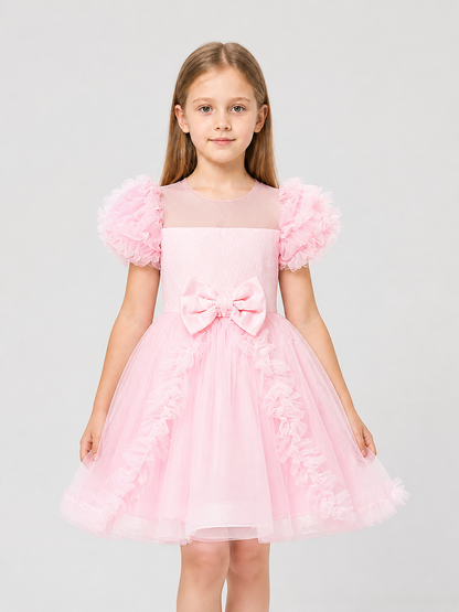 Pink Tutu Dress for Girls with Bow and Lace Trim Costume Dresses detail 3