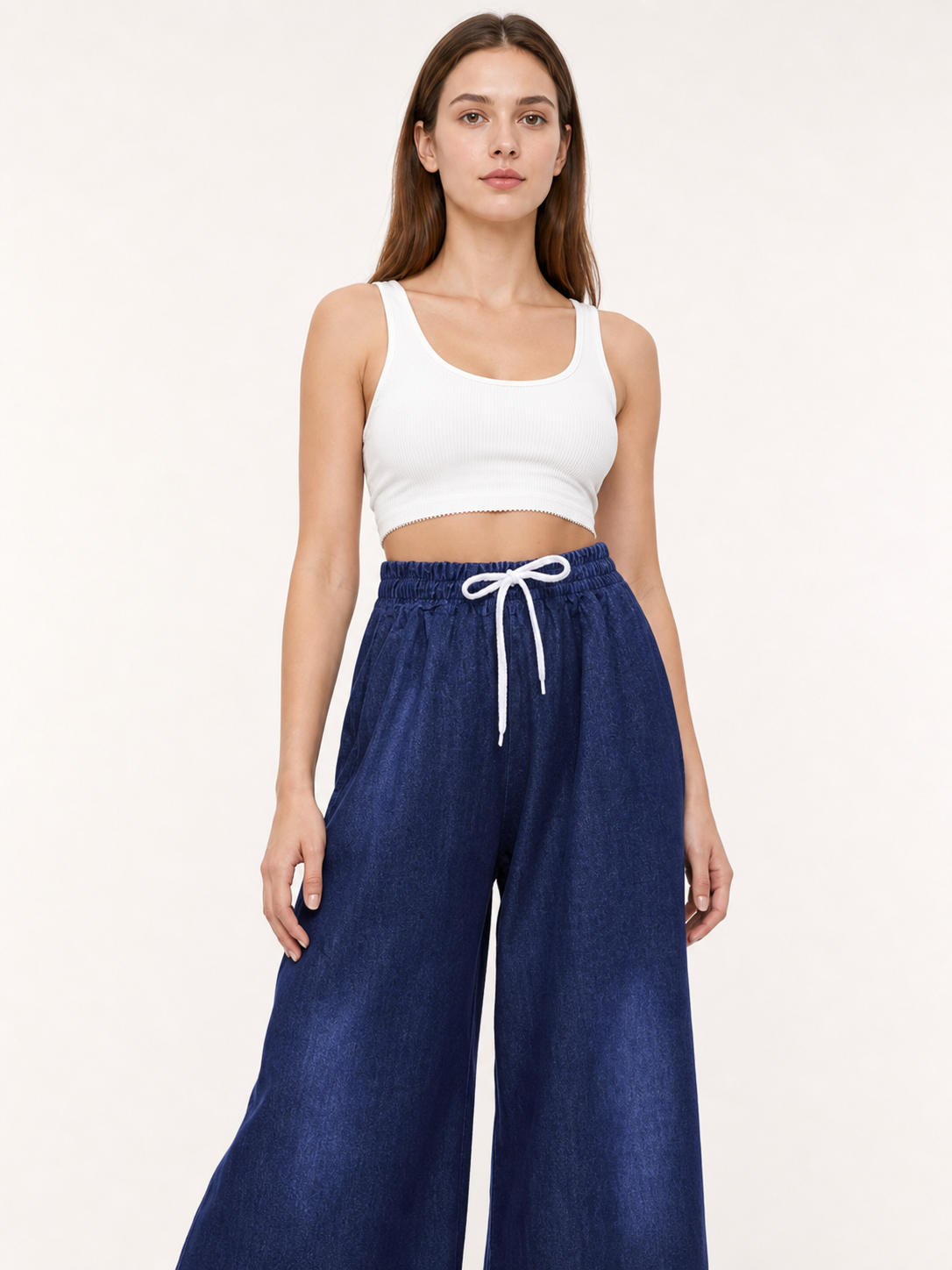 Dark Blue Palazzo Pants with an Elastic Waistband and White Drawstring product detail 2