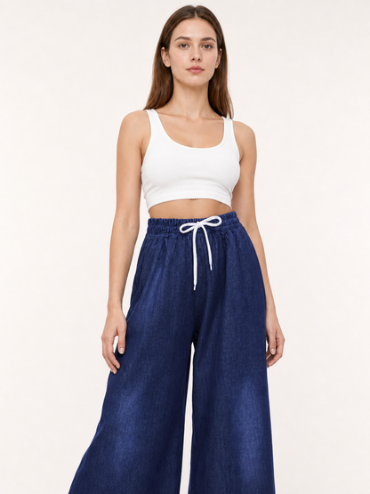 Dark Blue Palazzo Pants with an Elastic Waistband and White Drawstring product detail 2
