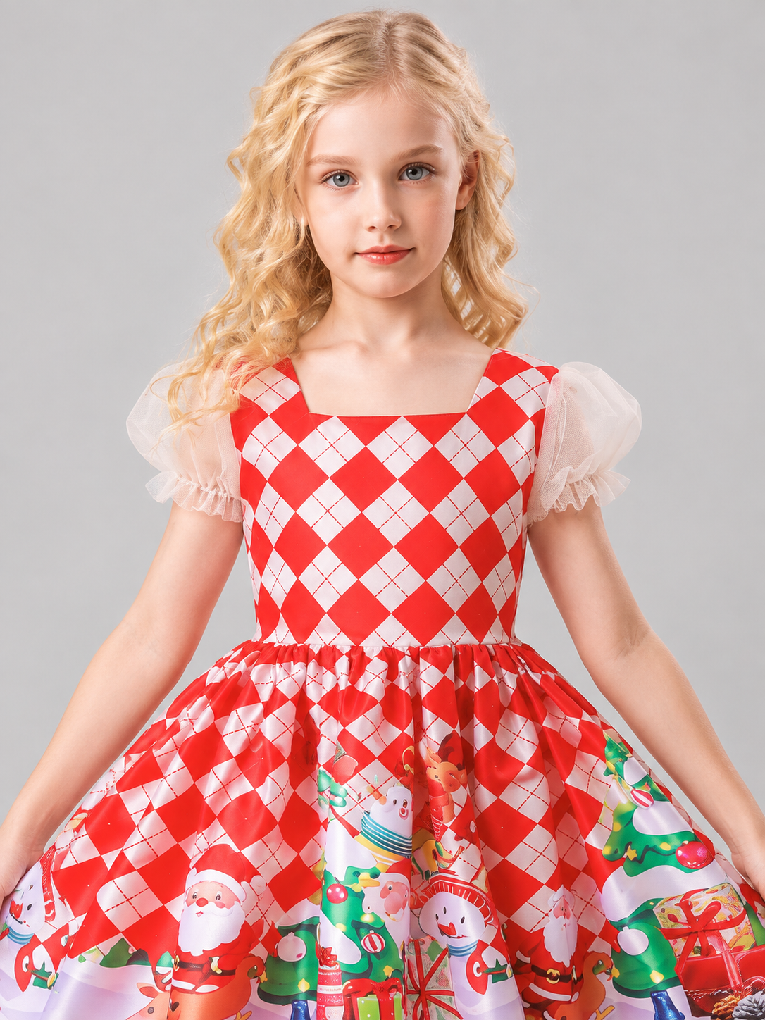 Kids' Holiday Dress Red with Christmas Print