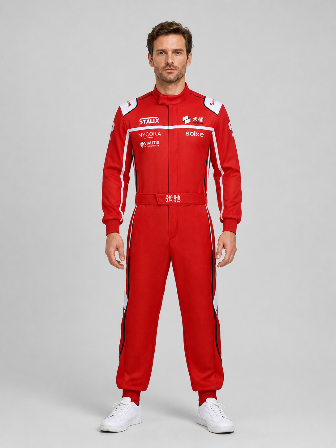 Red and White Racing Suit with Zipper and Collar product detail 3