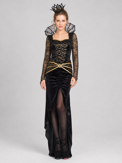 Black Dress with Lace Sleeves and Gold Pattern Costume Dresses detail 3