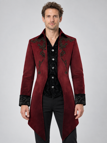 Burgundy Suede Tailcoat with Black Embroidery