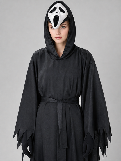 Black ghost robe with hood and white mask