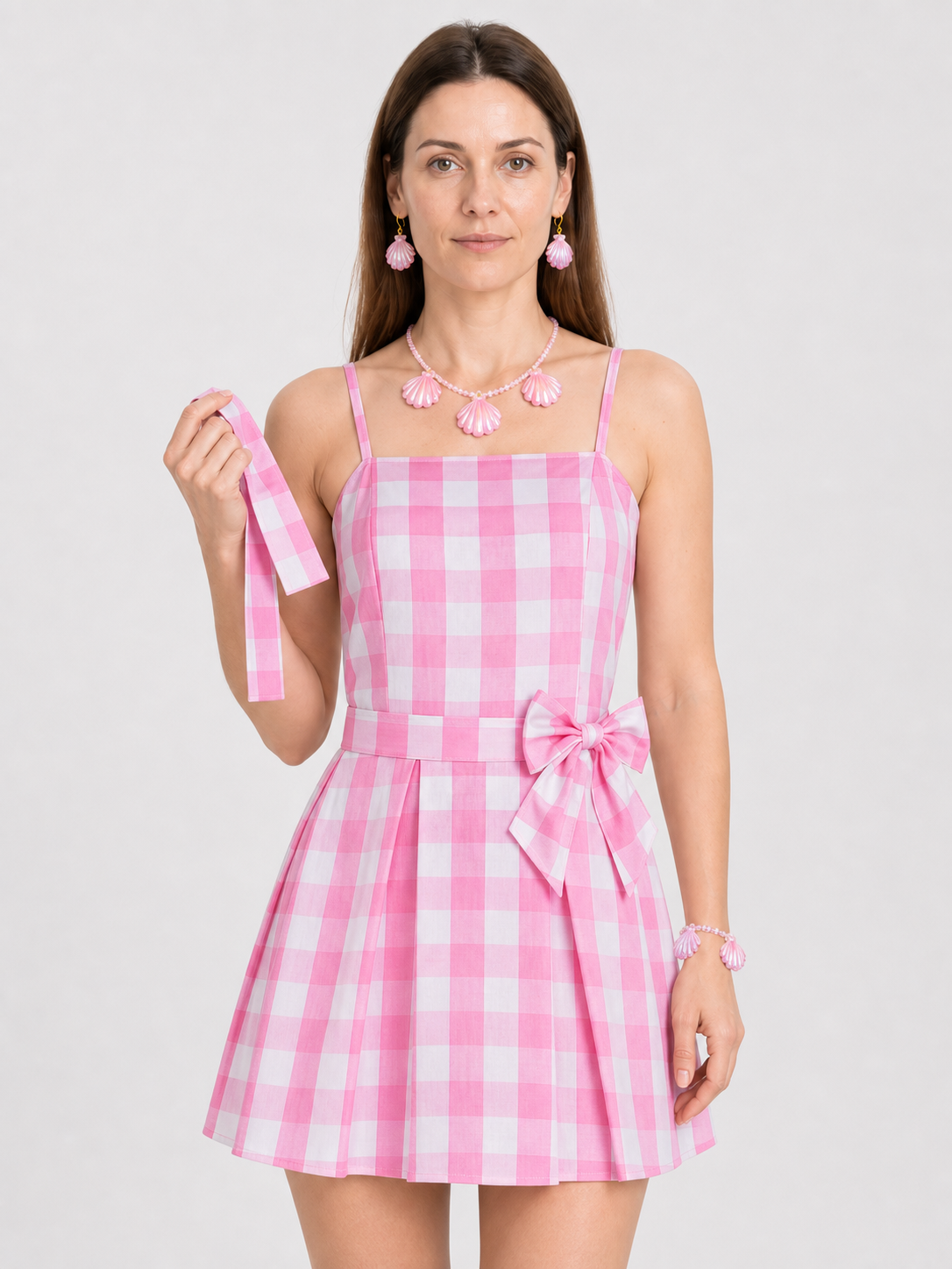 Barbie Cosplay Dress in Pink and White Plaid with Bow Costume Dresses detail 3