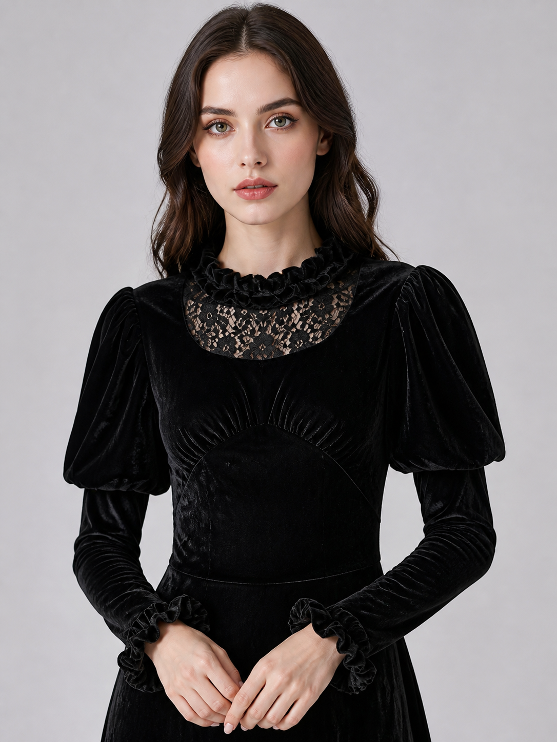 Long black corduroy dress with puff sleeves Costume Dresses detail 2