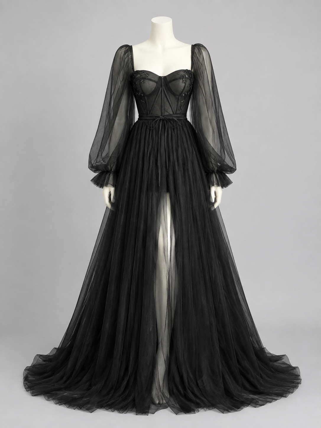 Black Floor-Length Evening Dress with a Corset Bodice