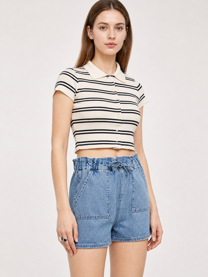 Light Blue Relaxed-Fit Denim Shorts with an Elastic Waistband and Drawstring product detail 2