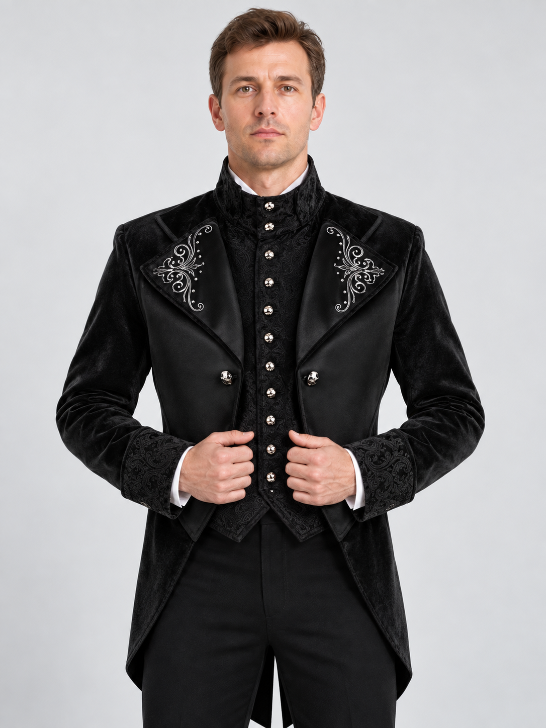 Black Tailcoat with High Collar and Silver Embroidery
