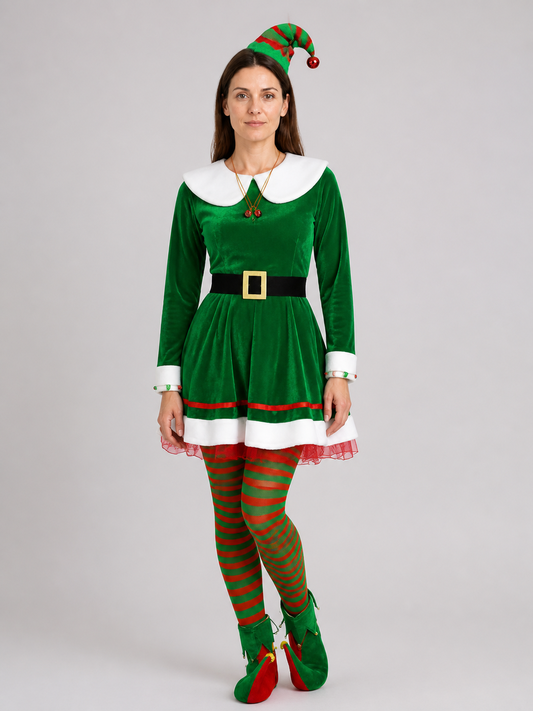 Christmas Elf Costume: Dress, Belt, Knee-High Socks, Hat Costume Dresses detail 3