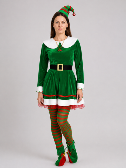Christmas Elf Costume: Dress, Belt, Knee-High Socks, Hat Costume Dresses detail 3