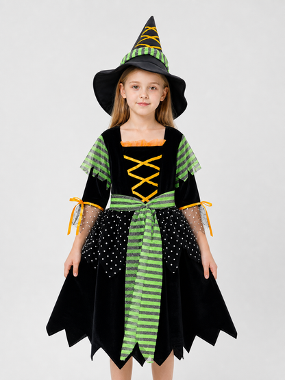 Witch Costume with Pointed Hat and Striped Dress Costume Dresses detail 3