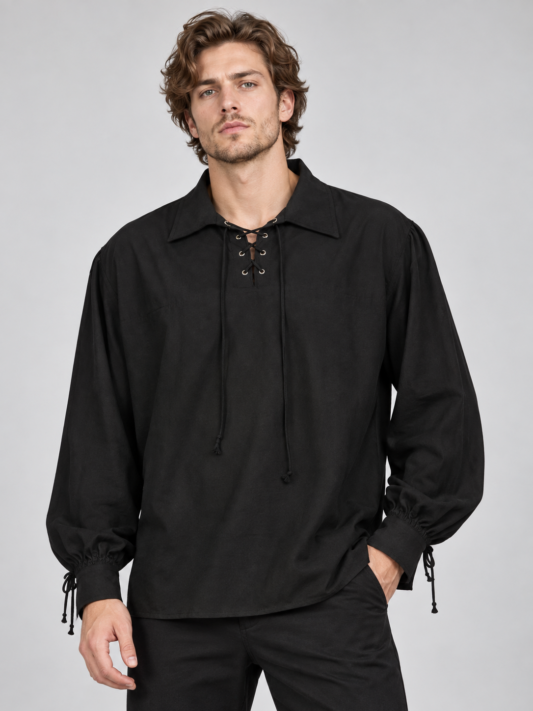 Black Pirate-Style Shirt with Lacing and Ties