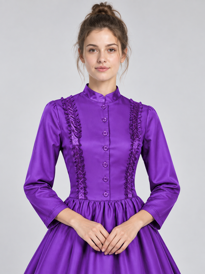 Purple Floor-Length Dress with High Collar and Lace