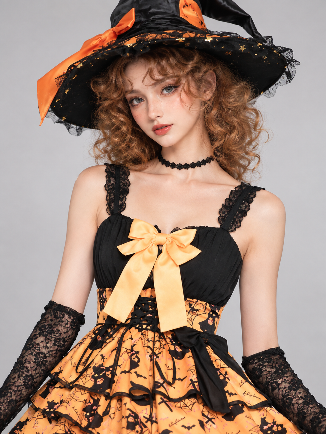 Witch Halloween Costume: Black and Orange Dress with Bow