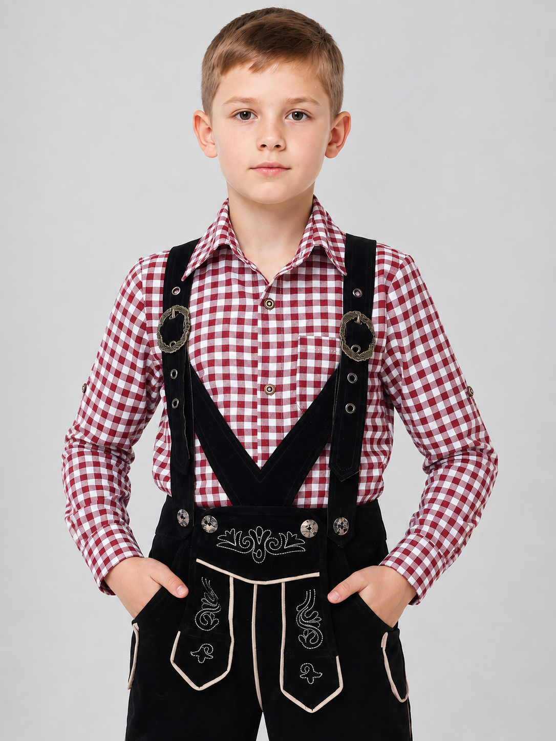 Kids' Black Suspender Pants with Embroidery