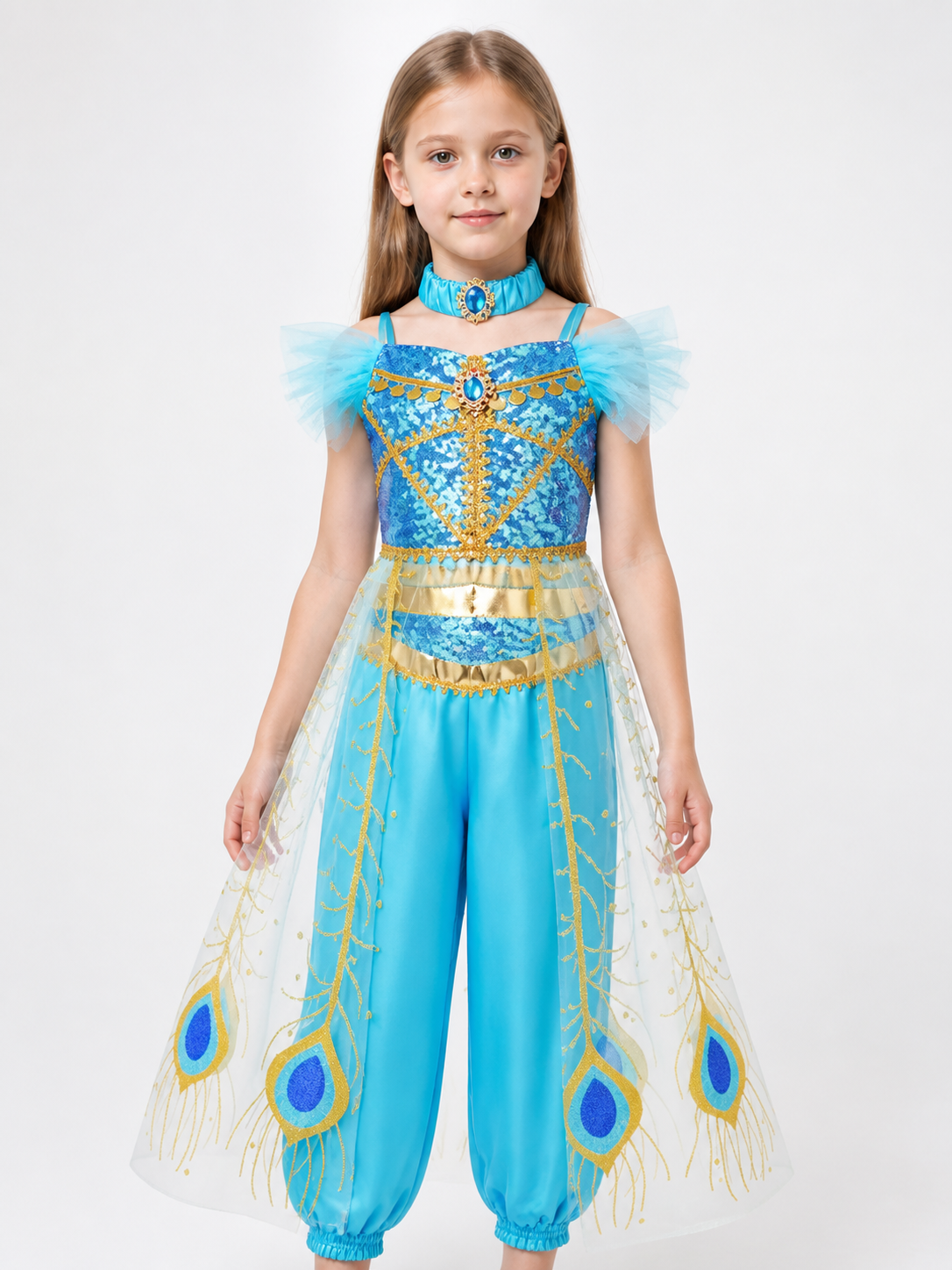 Jasmine Aladdin Costume with Peacock Feathers for Halloween Costumes detail 3