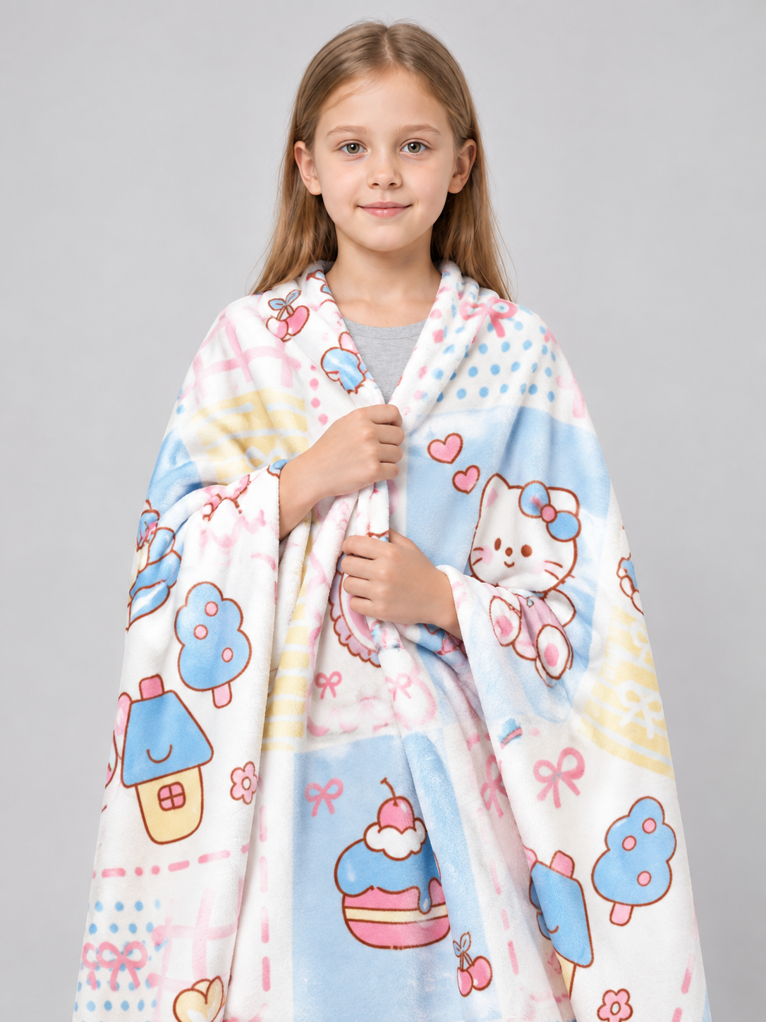 Reversible polyester blanket white with kitten print