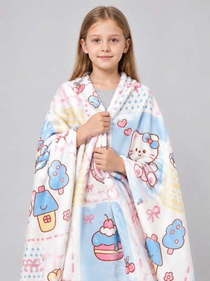 Reversible polyester blanket white with kitten print