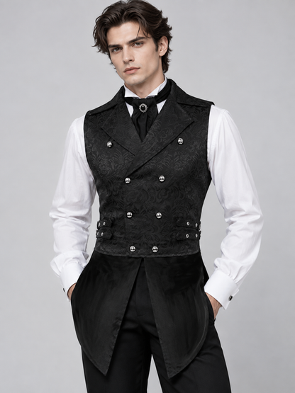 Black Double-Breasted Jacquard Pattern Vest with Tails
