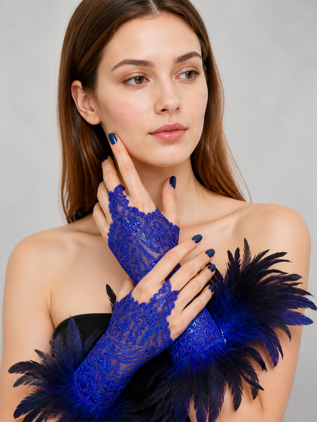 Blue Lace Feather Carnival Gloves, Pair
