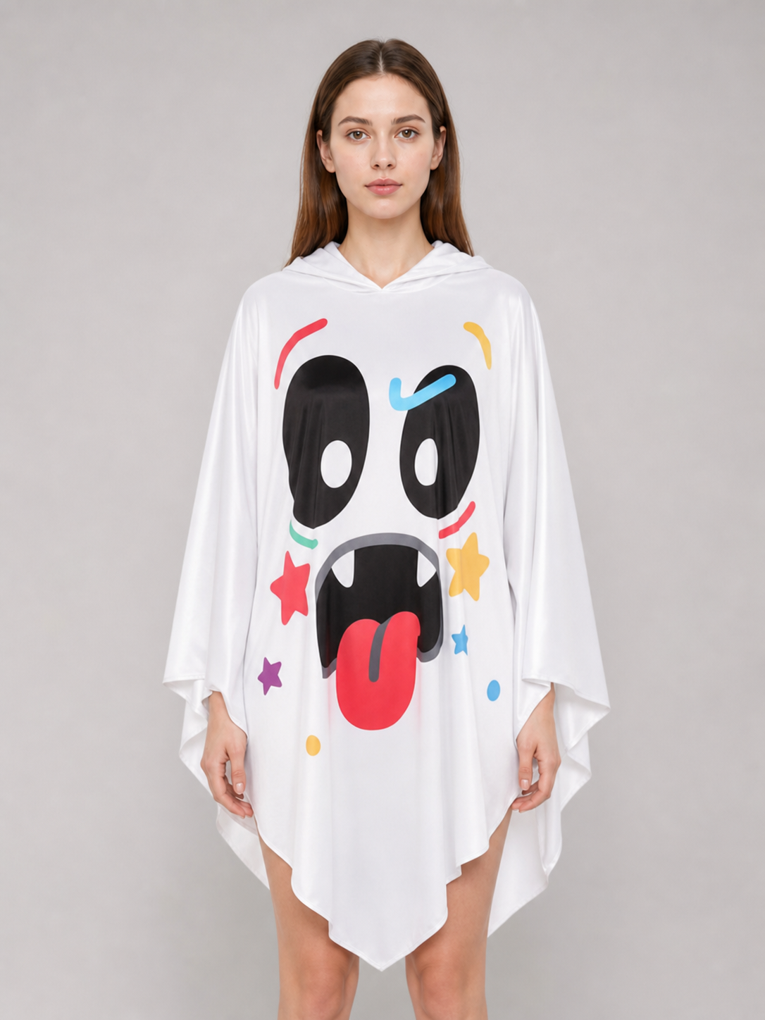 Halloween Ghost Costume Hooded Poncho with Cartoon Face Graphic, Wide Draped Sleeves and Multicolor Details for Costume Parties