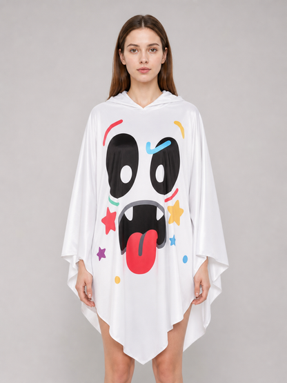 Halloween Ghost Costume Hooded Poncho with Cartoon Face Graphic, Wide Draped Sleeves and Multicolor Details for Costume Parties
