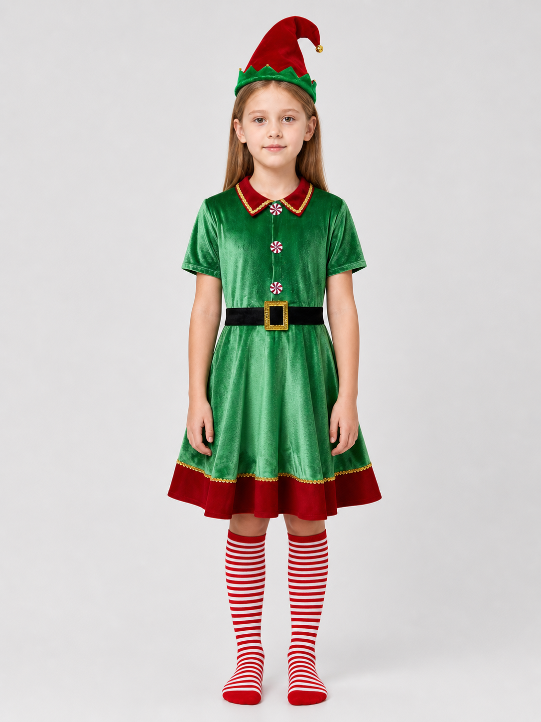 Christmas Elf Costume: Dress, Hat, Belt, Knee-High Socks Costume Dresses detail 3