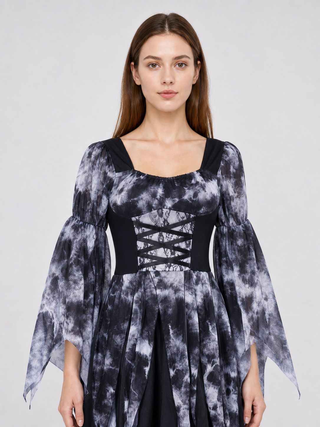 Gothic Dress with Lacing, Veil, and Tiered Skirt Costume Dresses detail 2