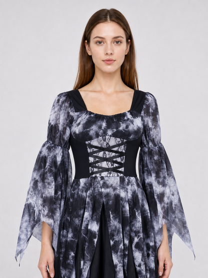 Gothic Dress with Lacing, Veil, and Tiered Skirt Costume Dresses detail 2