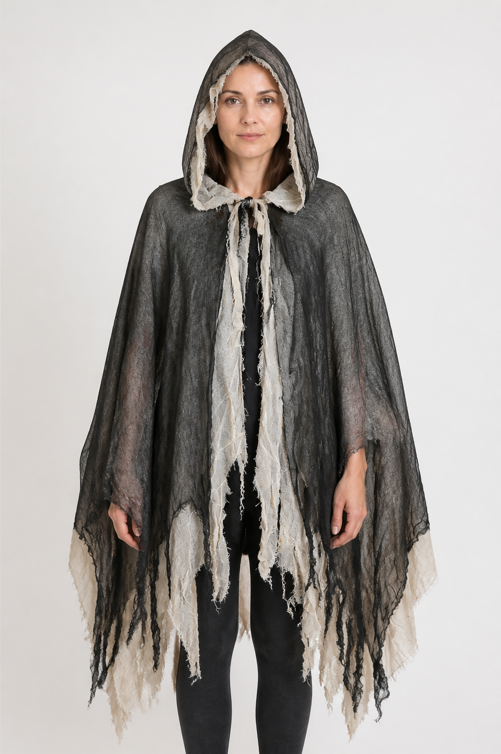 Tattered Black-and-White Hooded Cloak for Halloween Costume Capes detail 3