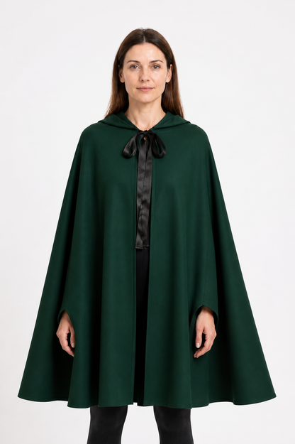 Green Medieval Hooded Cloak for Halloween upper body view