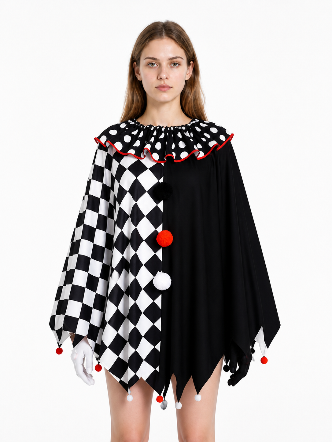Clown Cape Cloak with Gloves and Pompoms Costume Capes detail 3