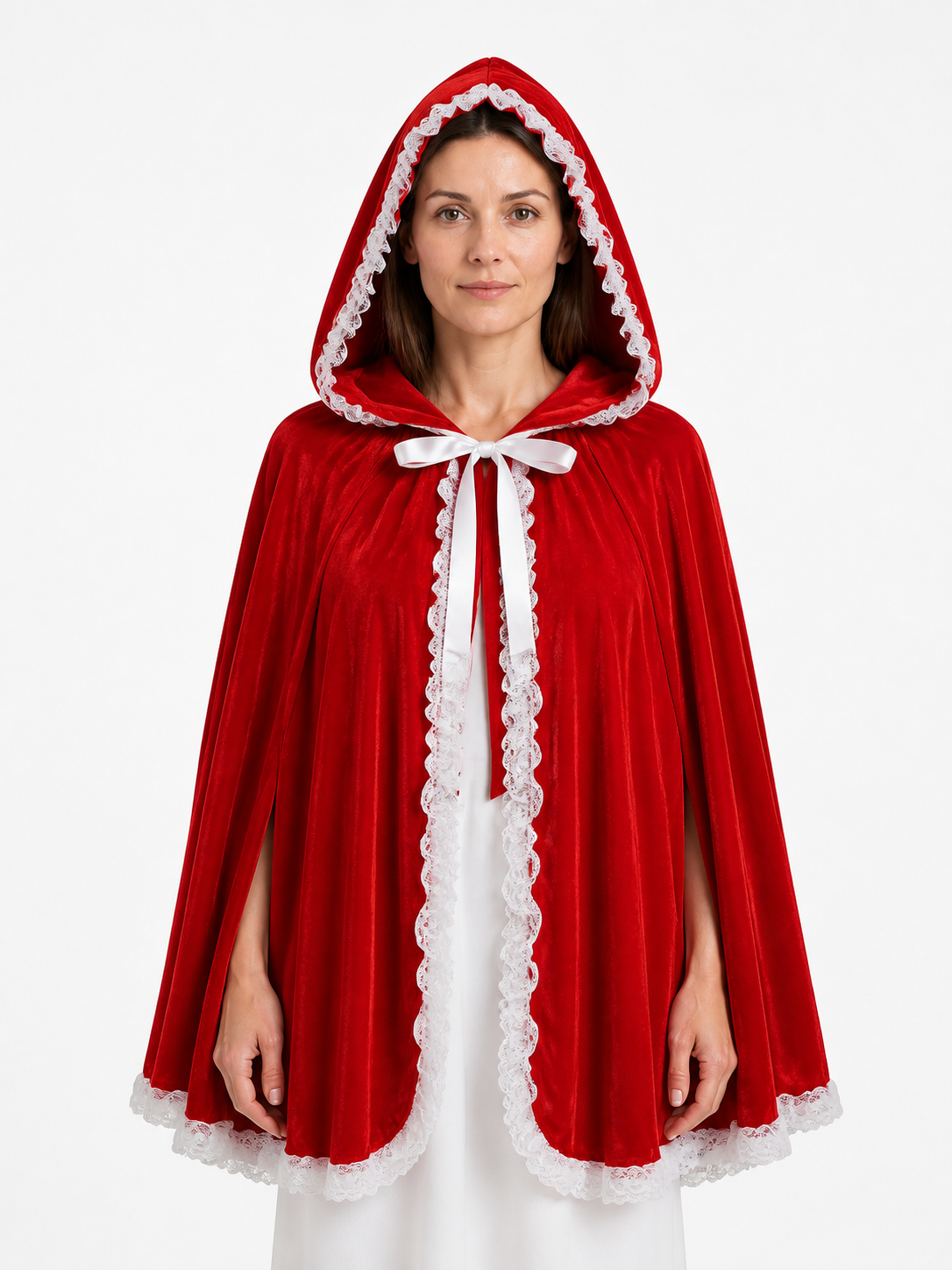 Red Hooded Cape with White Lace for Halloween Costume Capes detail 2