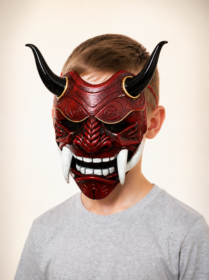 Red Carnival Mask with Horns and Fangs Costume Masks detail 2