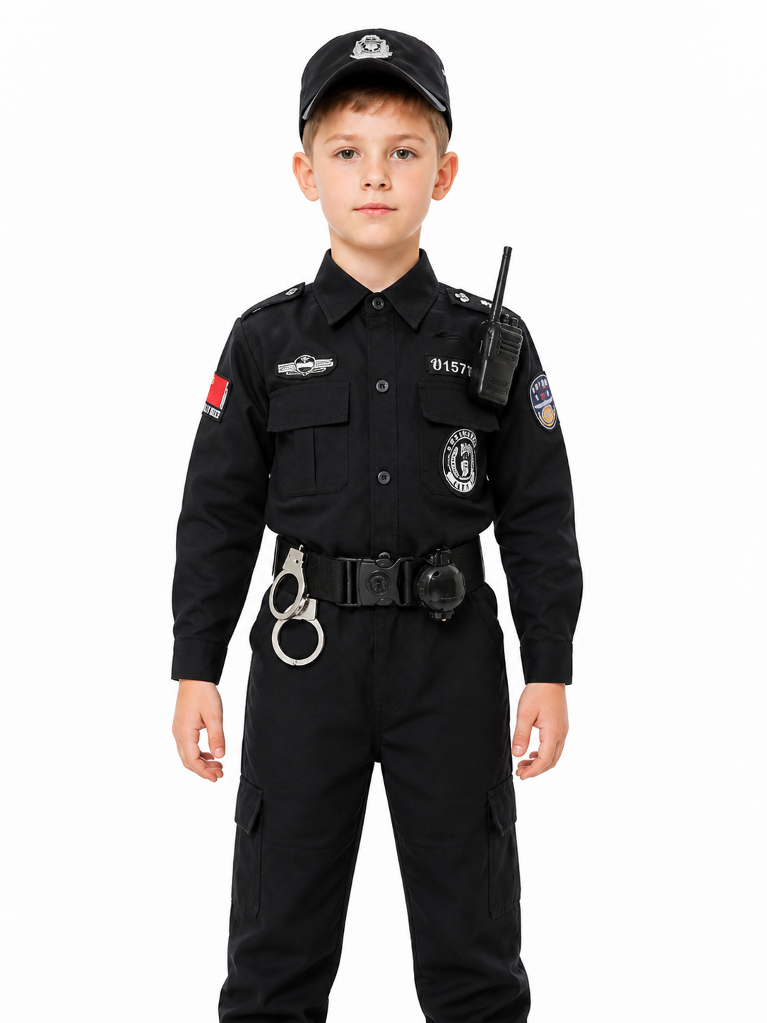 Black Children's Police Officer Costume with Cap and Belt Costume Headwear detail 3