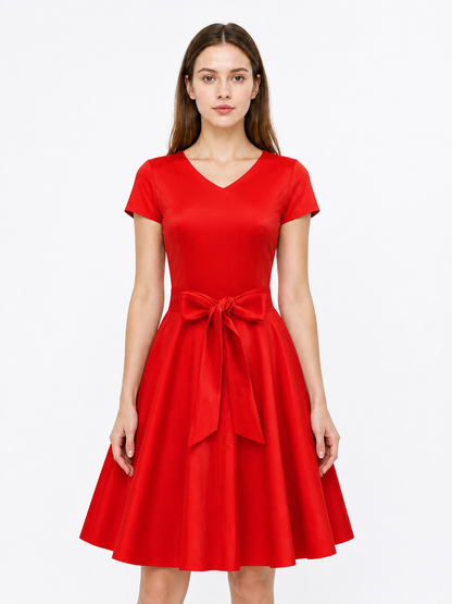 Red Dress with a V-Neck, Bow, and Ribbon Costume Dresses detail 3
