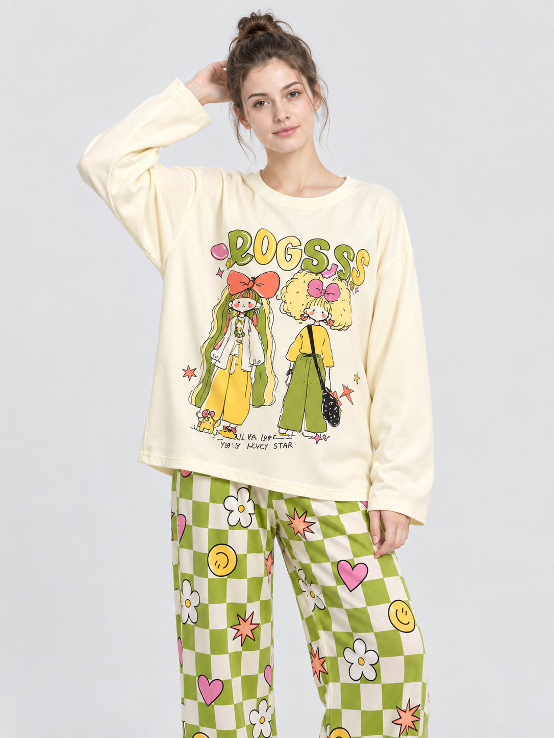 Pajama Set with Cartoon Print and Plaid Pants