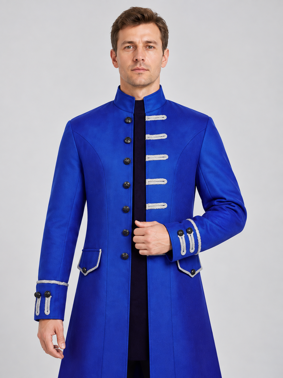 Long blue frock coat with black trim and stand collar