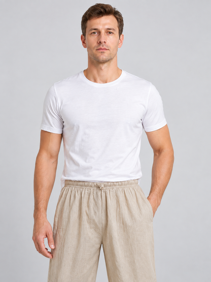 Beige long loose pants with ties at the cuffs