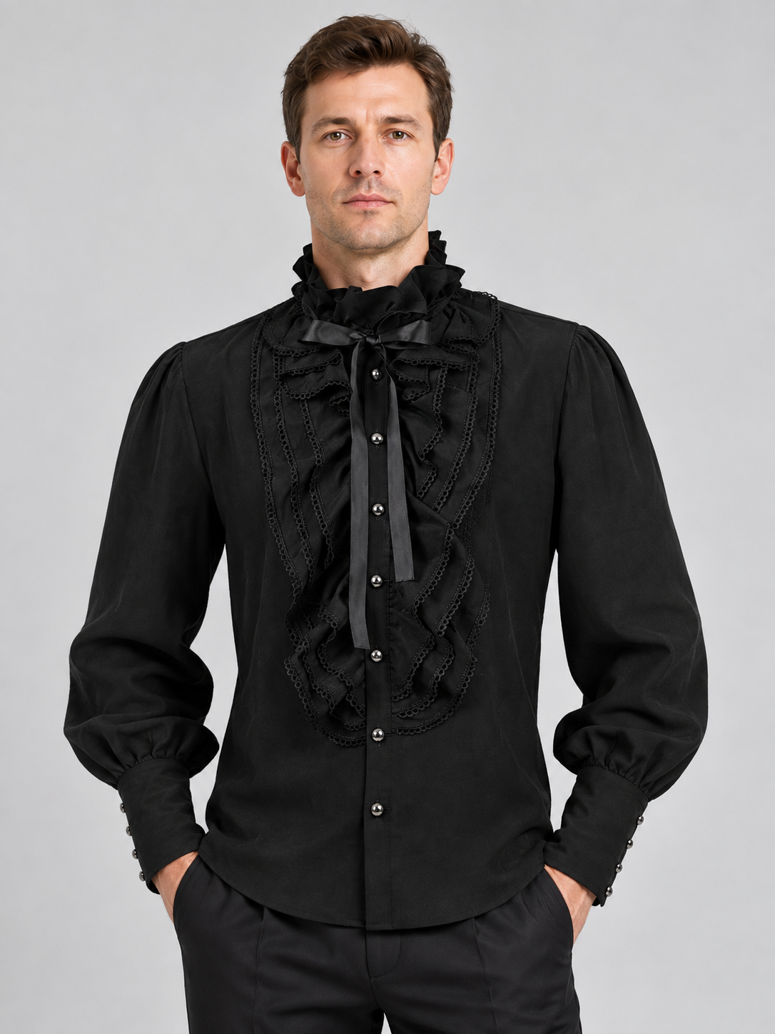 Black shirt with a high collar, ruffles, and lace